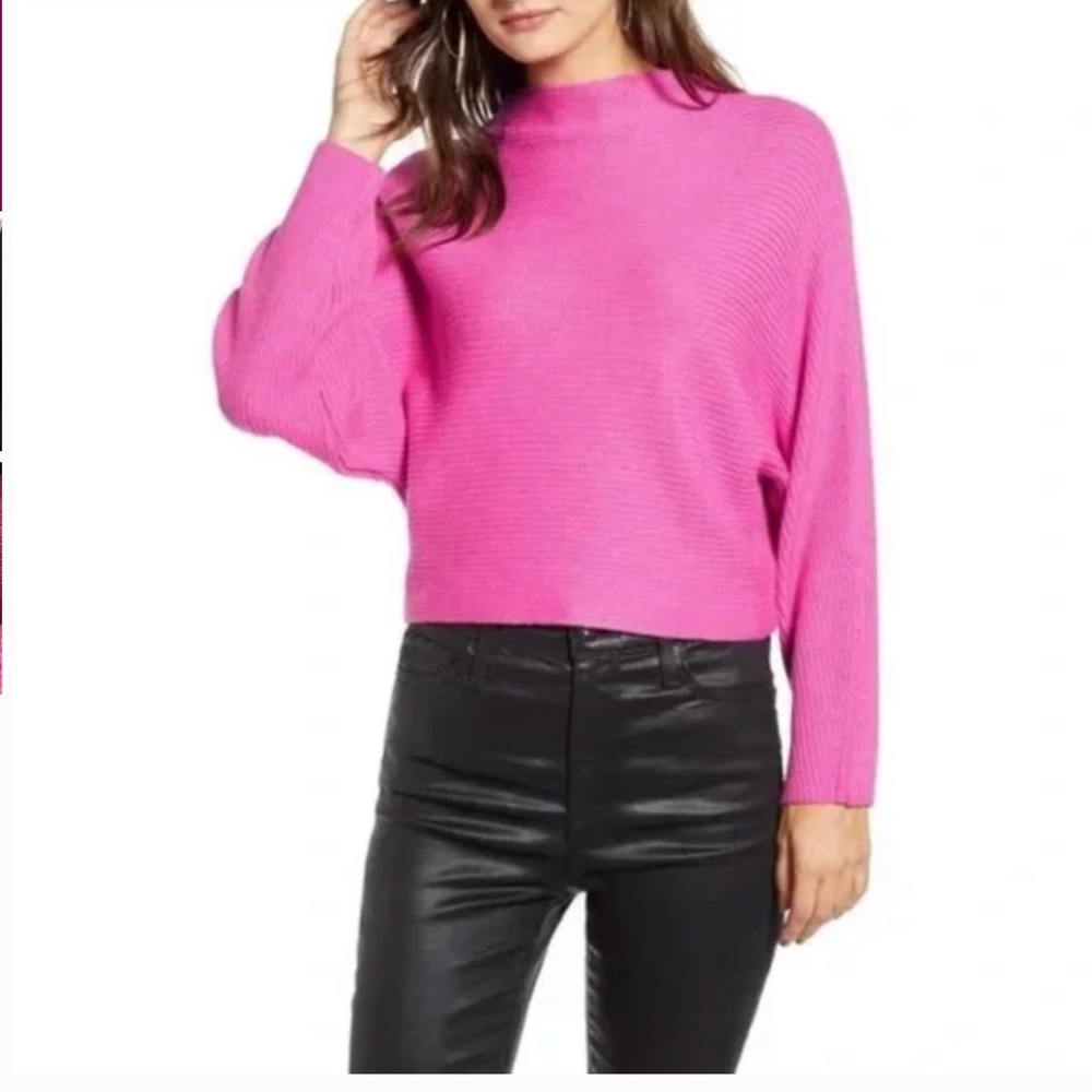 Leith Pink Ribbed Cotton and Wool Blend Bat Sleeve Crop Sweater Size Small